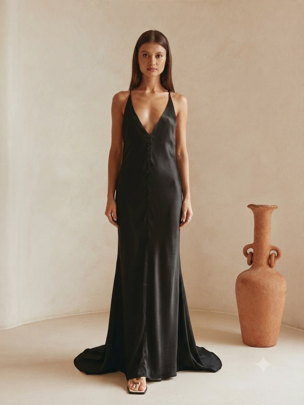 NWT SABO SKIRT Black Satin Plunging V-Neck Halter Maxi Dress AU 12 US 8
